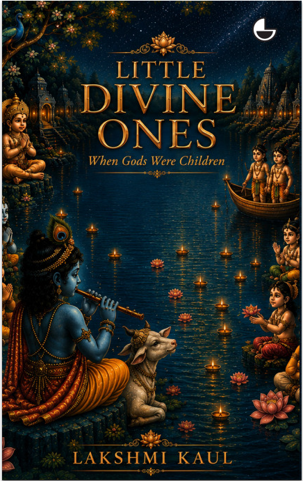 Cover of Little Divine Ones: When Gods Were Children by Lakshmi Kaul, showing the child Krishna playing his flute by a river of floating lamps